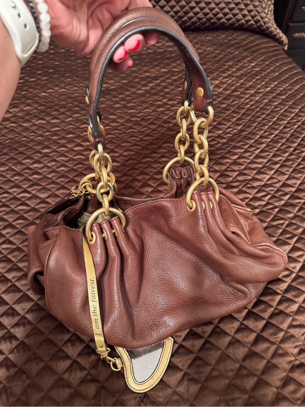 Vintage Juicy Coture Brown Leather Chain-Handle Women's Hobo Shoulder Bag - Picture 9 of 14